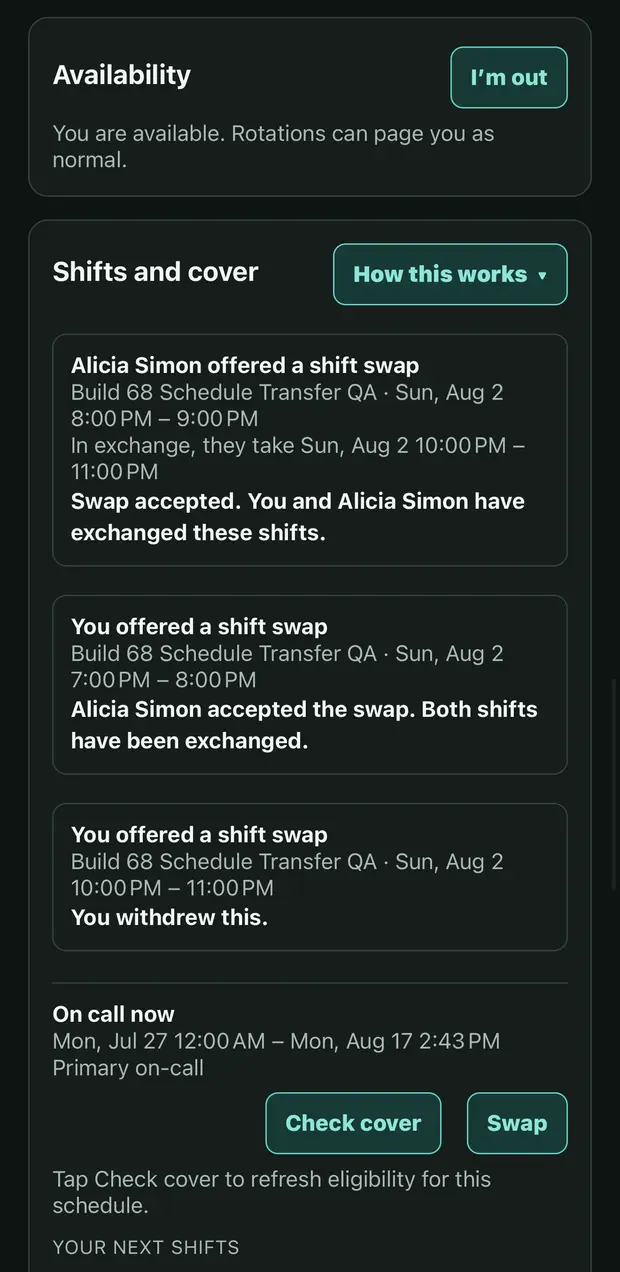 The shifts and cover screen in the WarnFire app on an iPhone, showing an availability toggle, three shift swaps in accepted and withdrawn states, and Check cover and Swap actions.
