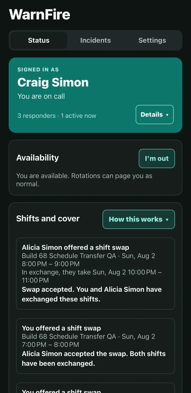The WarnFire status screen on an iPhone: signed in as Craig Simon, on call, with an availability toggle and a shifts and cover list.