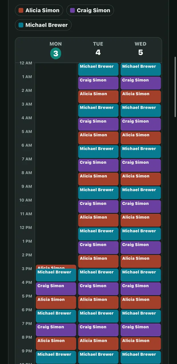 A three-day on-call calendar in the WarnFire app on an iPhone, with colour-coded hourly blocks for three responders.